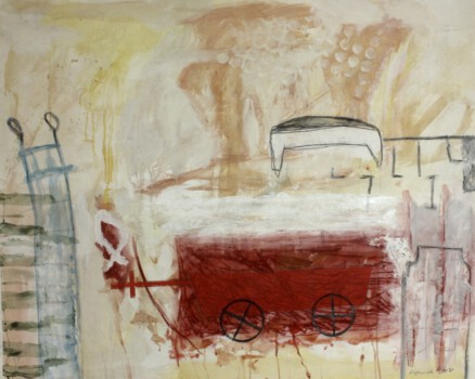 Der rote Wagen, Mischtechnik auf Papier, 110 x 90 cm