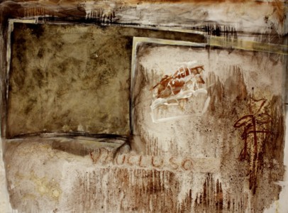 Kleine provencalische Fahne, Acryl, Erde, Stoffapplikation auf Leinwand, 120 x 160 cm