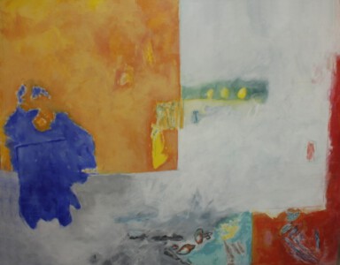 Blauer Kontinent mit Zitronen, Acryl, Farbstift auf Leinwand, 140 x 180 cm